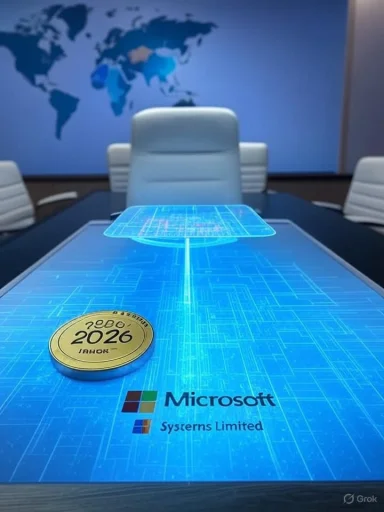 A futuristic boardroom with a glowing blue holographic blueprint projected on a Microsoft-branded table.