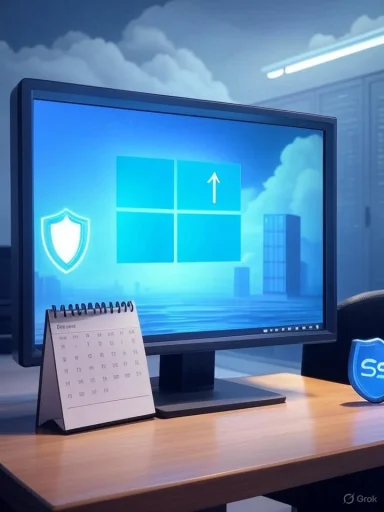 Monitor shows a Windows wallpaper with a shield icon beside a desk calendar.