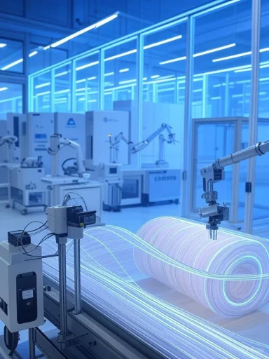 Robotic arms in a blue-lit lab processing a glowing fiber-optic cable on a roll.