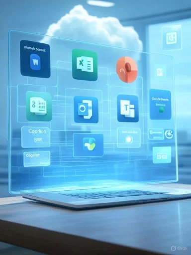 A transparent holographic screen with floating app icons above a laptop.