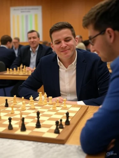 A man in a navy blazer smiles while playing chess at a tournament.