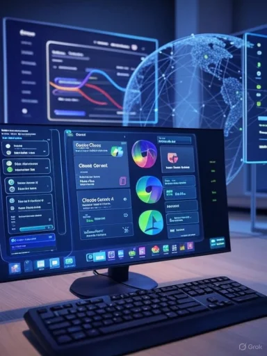 Futuristic data analytics desk with multiple monitors displaying charts and dashboards.