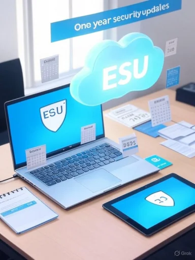 An ESU-branded desk setup with a laptop, tablet, and cloud logo under a “One year security updates” banner.