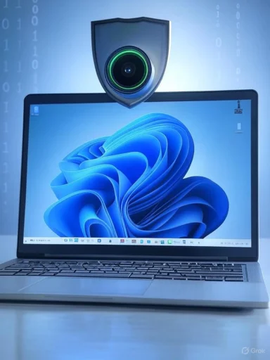 A laptop with a shield-shaped camera hovering above, symbolizing cybersecurity.