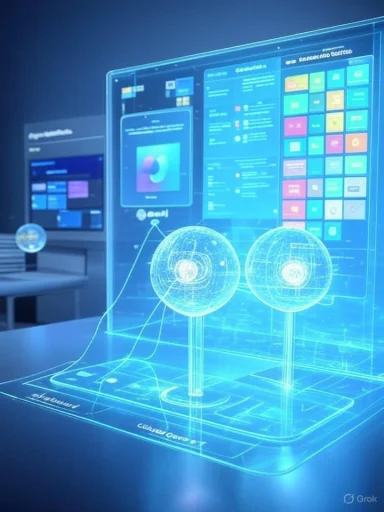 A futuristic blue holographic display shows two glowing spheres connected by lines on a digital blueprint.