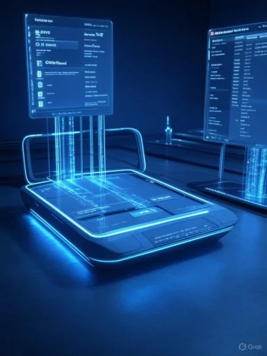 A futuristic blue holographic workstation with transparent display panels. A futuristic blue holographic workstation with transparent display panels.