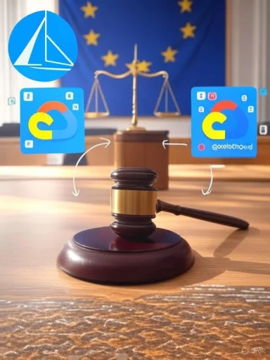 Courtroom scene featuring a gavel, scales of justice, an EU flag, and two blue cards.