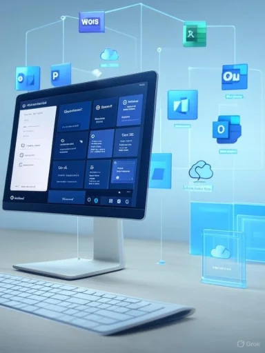 A sleek desktop setup with a large touchscreen monitor and holographic app icons.