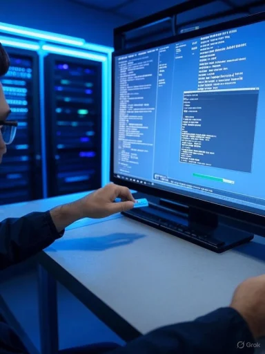 A technician inserts a USB drive while a blue-lit server monitor displays data.
