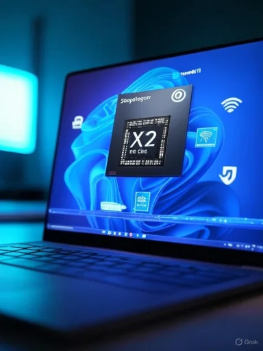 Laptop screen displays a floating X2 processor graphic over a blue wallpaper. Laptop screen displays a floating X2 processor graphic over a blue wallpaper.