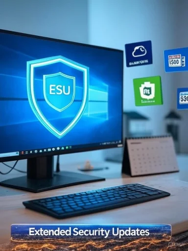 A computer monitor displays a neon ESU shield with a sign reading 'Extended Security Updates.'