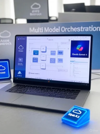 Laptop displays a multi-model orchestration interface with cloud icons and a glowing blue cloud cube.