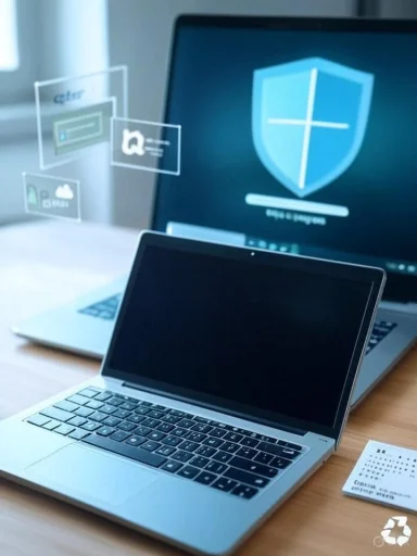 Laptop on a desk with a shield icon on the monitor, suggesting cybersecurity.