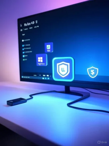 A computer monitor glows blue with security shield icons, a USB drive on the desk.