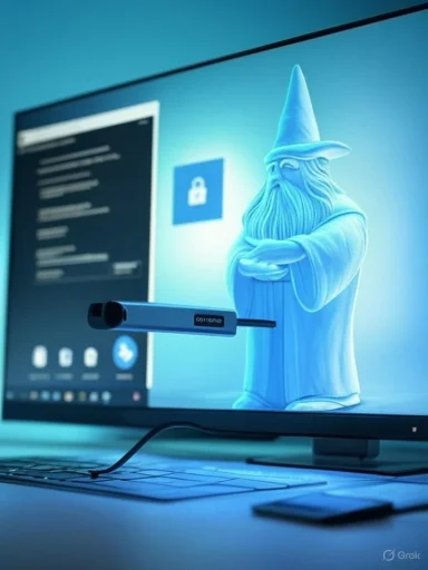 A blue wizard statue appears on a computer monitor with a USB security key floating in front.