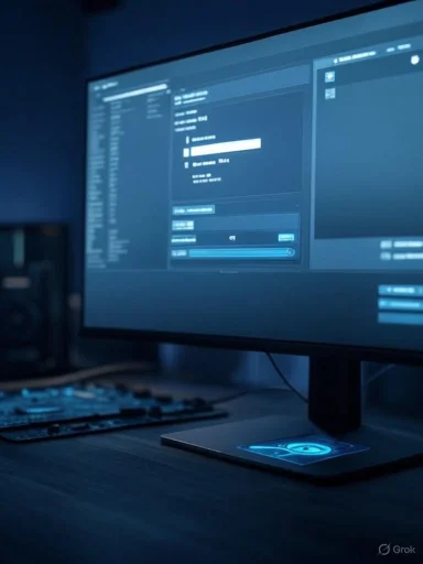Dim blue-lit desk setup with a wide monitor showing multiple software windows.