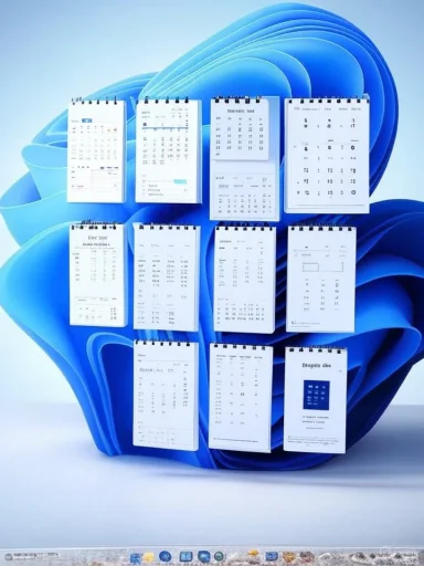 A grid of small desk calendars displayed against a blue abstract backdrop.