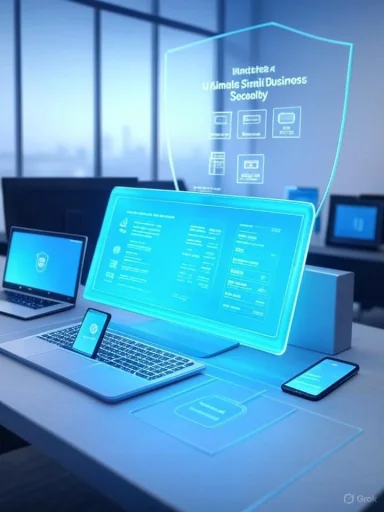 Futuristic workstation featuring a translucent holographic display and multiple connected devices.