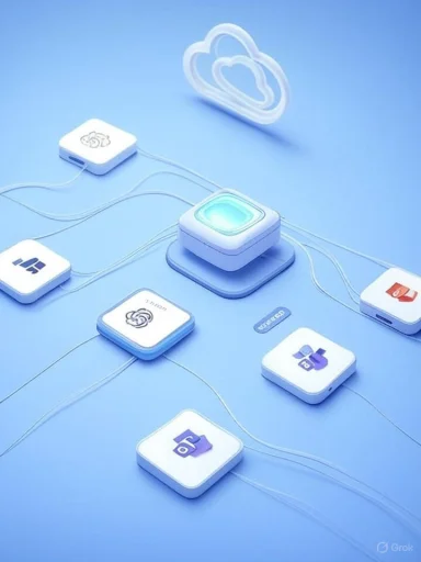 Blue cloud icon above interconnected app tiles, symbolizing cloud services.