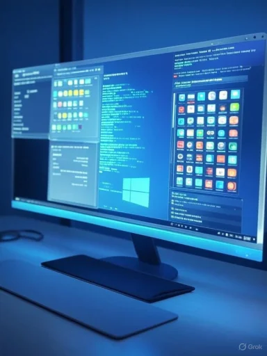 Blue-lit desk setup with a curved monitor displaying code and app icons.