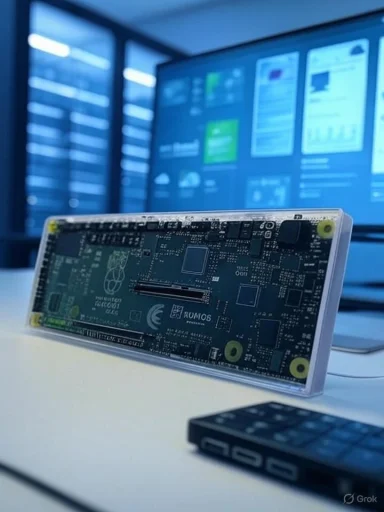 Raspberry Pi-like single-board computer in a clear case on a desk, with a large display wall in the background.