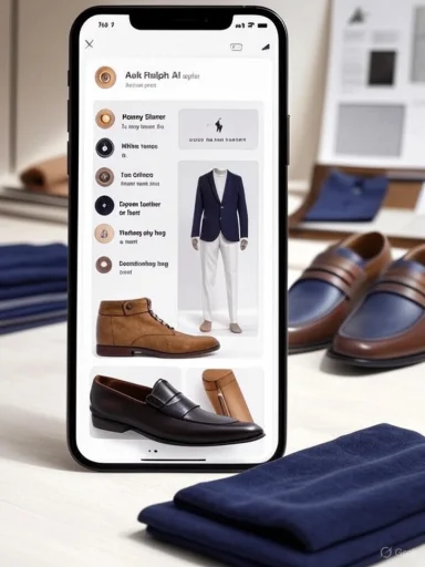 Phone shows a men's fashion catalog with a blazer, pants, and dress shoes.