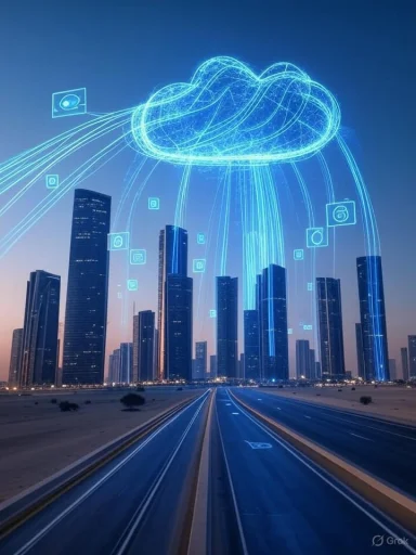 Futuristic city with a glowing blue cloud and data streams arcing to skyscrapers.