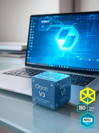 Blue Oryon V3 cube on a laptop, with a neon futuristic screen in the background.