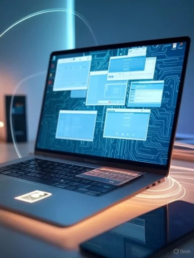 A laptop screen shows several floating windows over a blue circuit-pattern desktop.