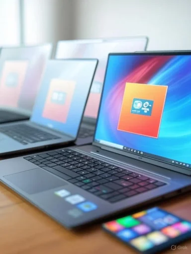 Multiple laptops on a wooden desk display bright colorful screens, with a smartphone in the foreground.