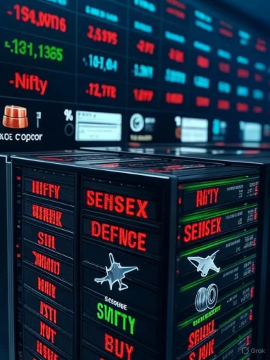 A bank of red LED stock tickers displaying Sensex, Nifty, and market data.