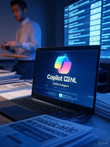 Laptop displays Copilot NL logo in a blue-lit office as a man works in the background.