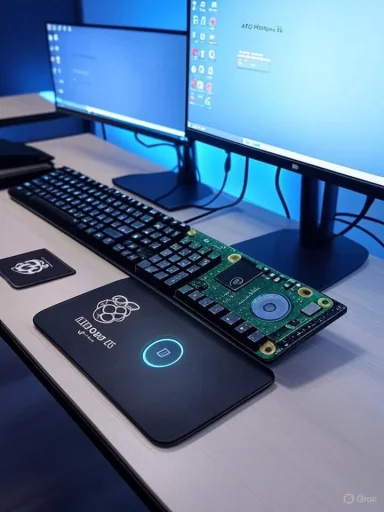 Tech desk with dual monitors, a keyboard exposing its PCB, and a wireless charging pad.