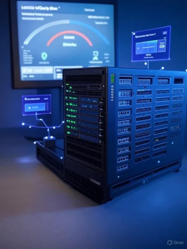 Blue-lit server rack with multiple drive bays and monitoring screens in the background.