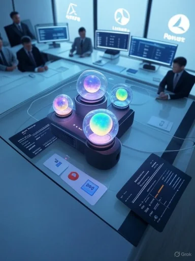 Futuristic control room with four glowing glass orbs on a pedestal as staff monitor screens.