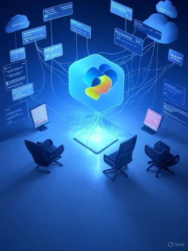 A futuristic meeting room with a glowing central display and interconnected holographic screens.