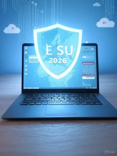 A laptop screen shows a glowing shield with a world map and the year 2026.