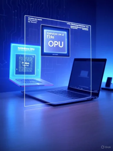 Futuristic blue holographic CPU and microchip displays hovering above a laptop.