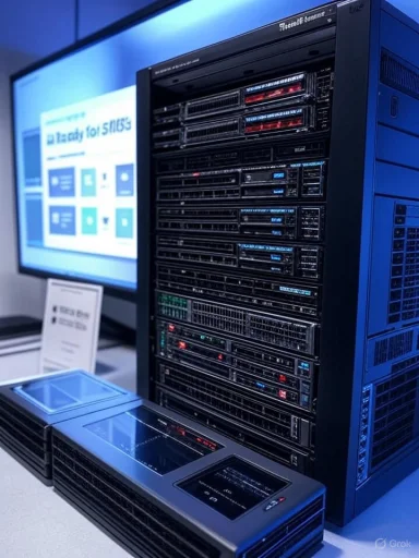 A data center server rack with numerous drive bays and LED indicators.