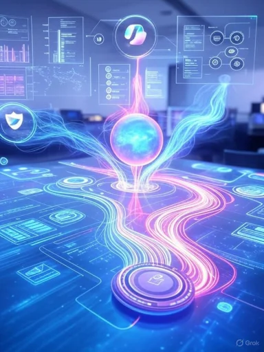 A glowing holographic interface with neon streams feeding into a central orb, symbolizing AI data visualization.