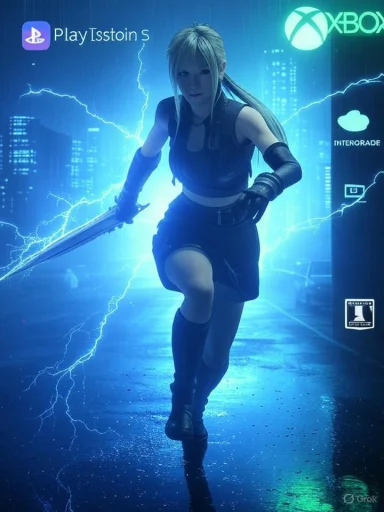 Neon-lit city scene with a female cosplayer in black gear wielding a large sword.