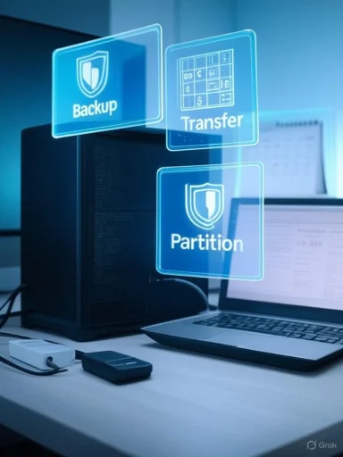 Holographic panels display Backup, Transfer, and Partition over a computer workstation.