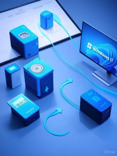 Blue modular cubes linked by cables form a compact IT network around a monitor.