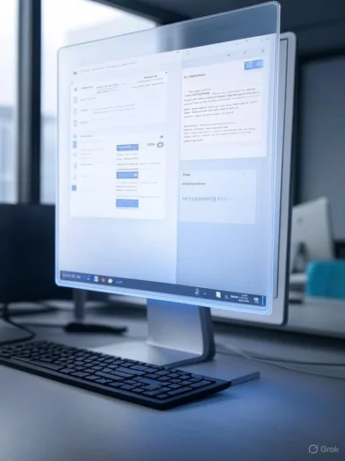 Sleek desktop monitor on a stand displaying split-screen documents in an office.