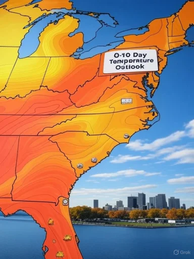 Colorful temperature-outlook map of the eastern U.S. with a city skyline in the background.