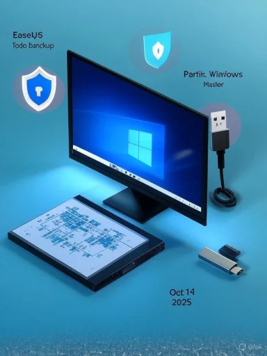Blue-toned tech setup featuring a Windows monitor, portable scanner, USB drive, and cybersecurity shield icons.