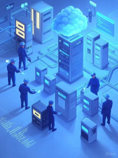 Blue-toned data center where workers service servers beneath a cloud icon.