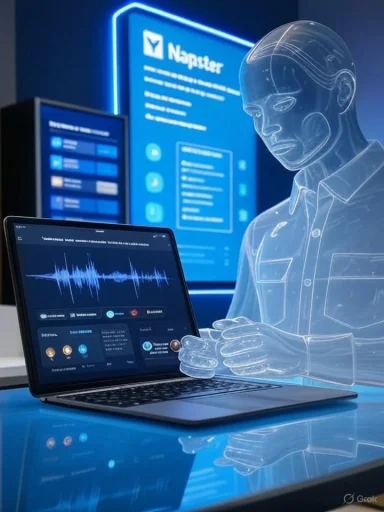 A translucent holographic figure looks at a laptop displaying a waveform in a neon blue tech setup.