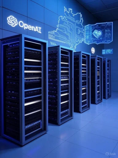 Blue-lit data center with rows of server racks and a holographic map graphic on the wall.