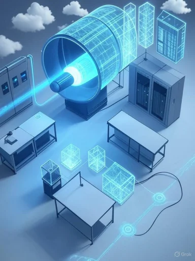 Futuristic lab with a glowing blue cylindrical device and holographic data cubes.